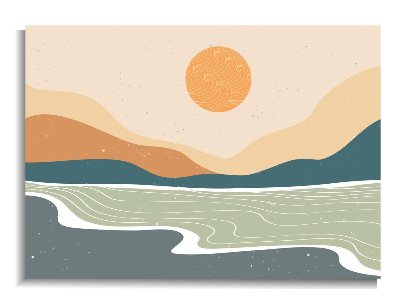 Mid century modern minimalist. Abstract nature, sea, sky, sun, river, rock mountain landscape poster. Geometric landscape background in scandinavian style. Vector illustration