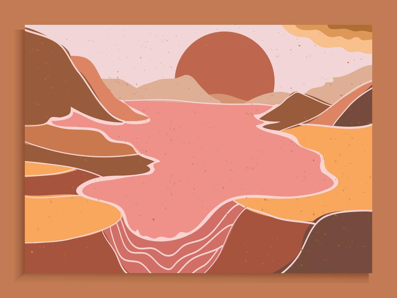 set of Mid century modern minimalist. Abstract nature, sea, sky, sun, river, rock mountain landscape poster. Geometric landscape background in scandinavian style. Vector illustration