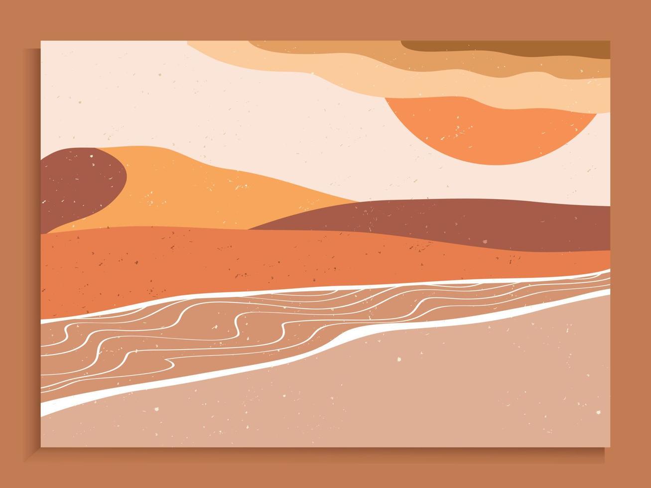 Mid century modern minimalist. Abstract nature, sea, sky, sun, river, rock mountain landscape poster. Geometric landscape background in scandinavian style. Vector illustration