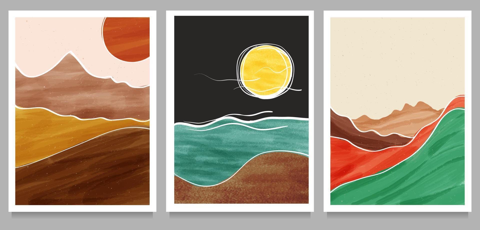 Conjunto de ilustraciones creativas minimalistas pintadas a mano de mediados de siglo moderno. Fondo de paisaje abstracto natural. montaña, bosque, mar, cielo, sol y río vector