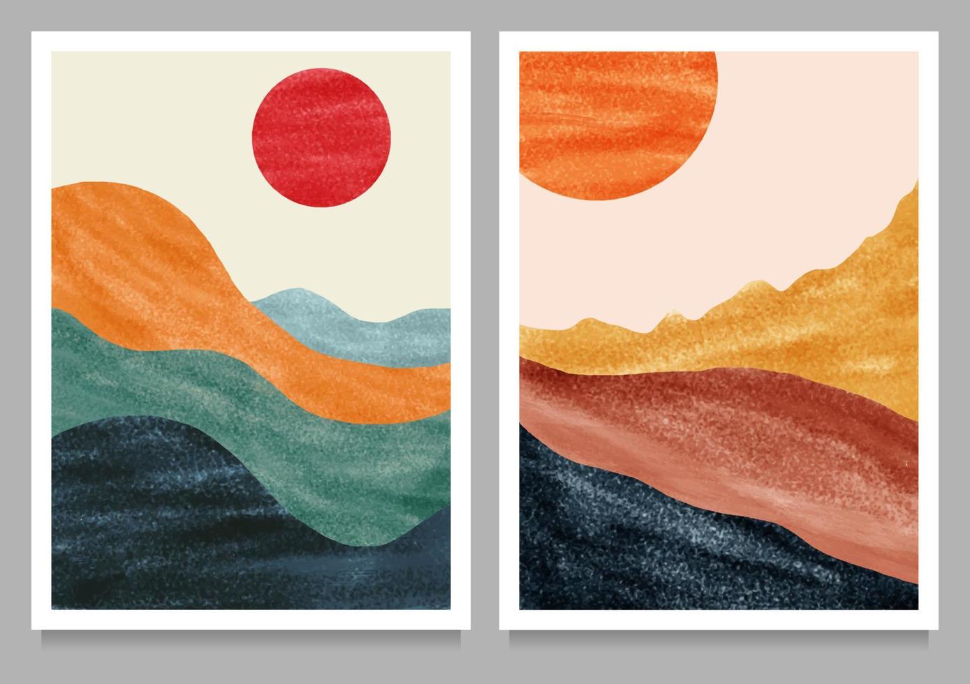 Conjunto de ilustraciones creativas minimalistas pintadas a mano de mediados de siglo moderno. Fondo de paisaje abstracto natural. montaña, bosque, mar, cielo, sol y río vector