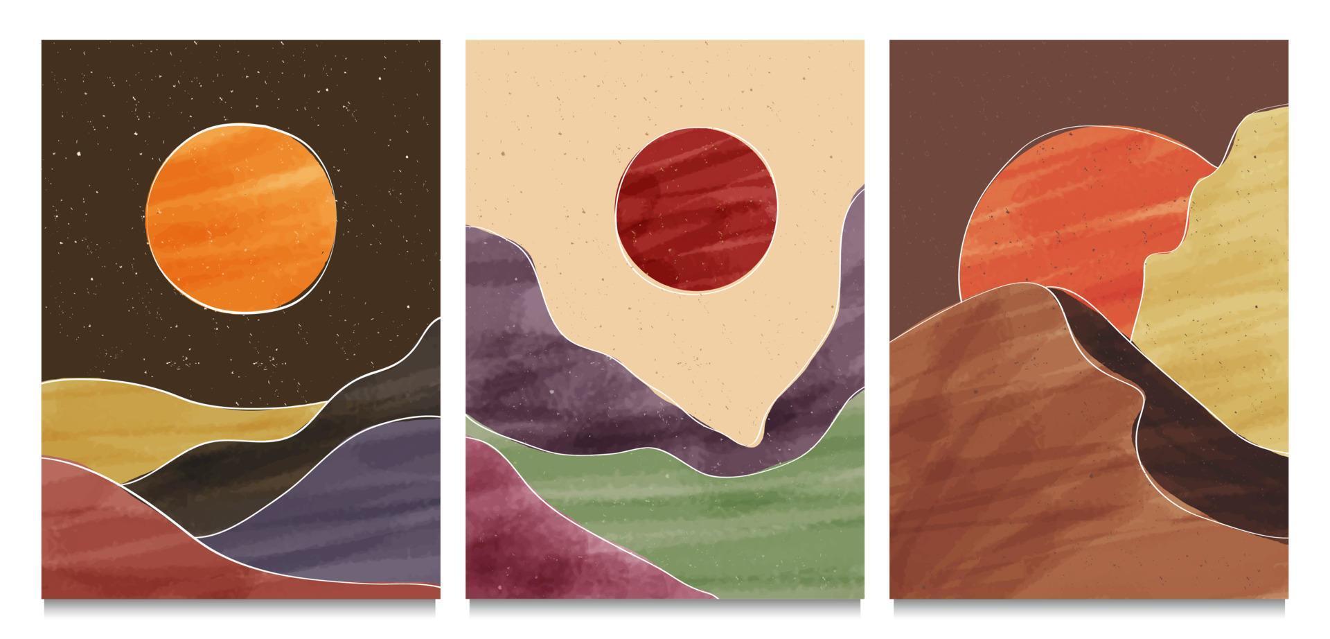 Mid century modern minimalist art print. Abstract contemporary aesthetic backgrounds landscapes set with Sun, Moon, sea, mountains. vector illustrations