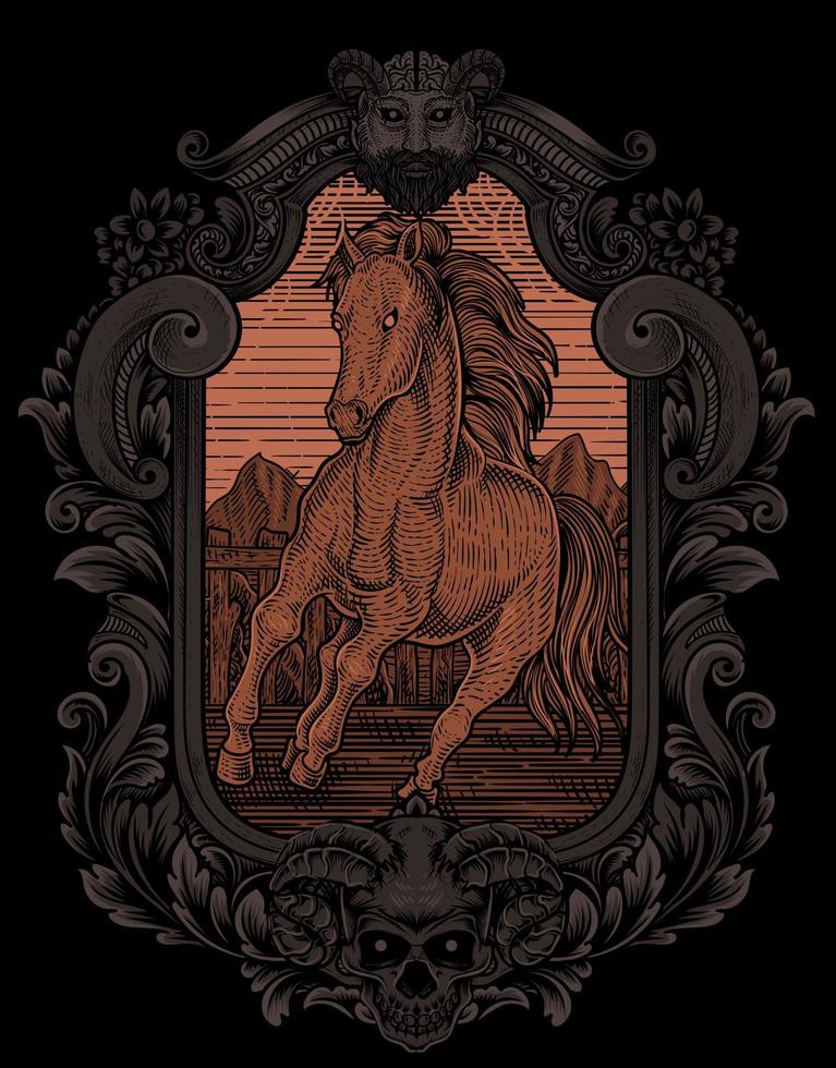 illustration vintage horse with engraving style vector