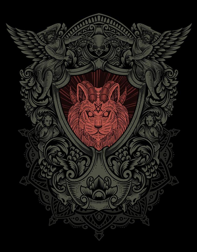 illustration vintage demon cat with engraving style vector