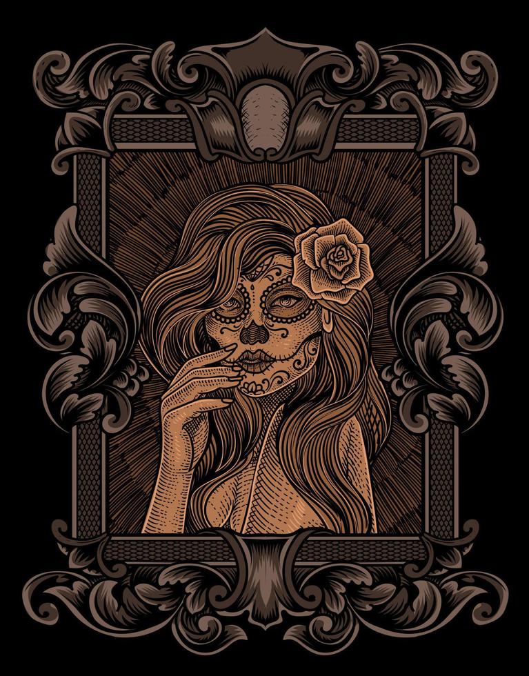 illustration sugar lady skull with engraving style vector