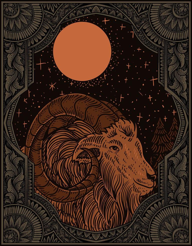 illustration vintage goat with engraving style vector