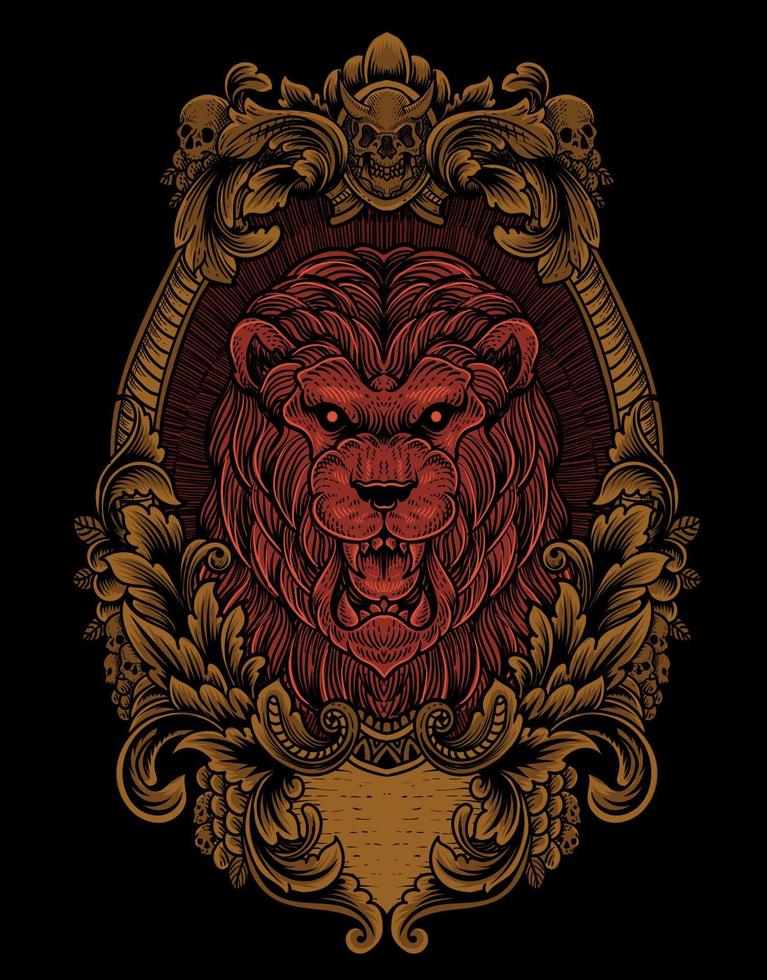 illustration vintage lion with engraving style vector