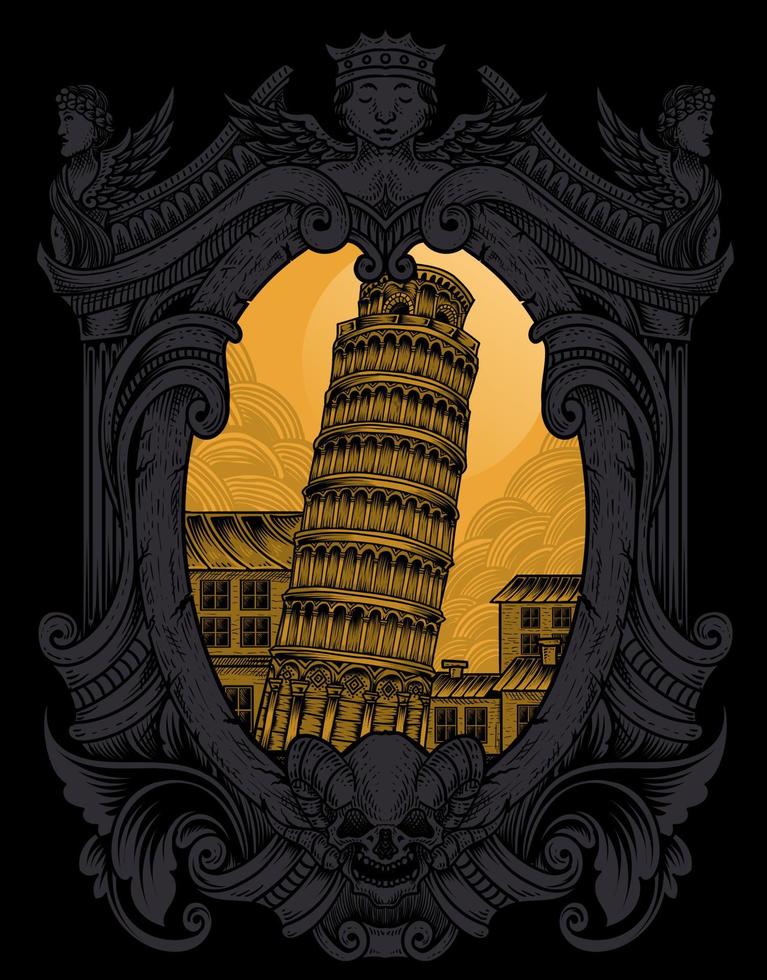 Ilustración de la torre de Pisa vintage con estilo de grabado vector