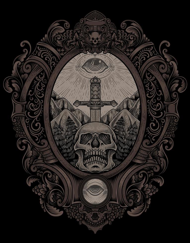 illustration antique skull sword with dark eyes engraving style vector