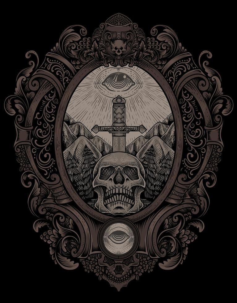 illustration antique skull sword with dark eyes engraving style vector