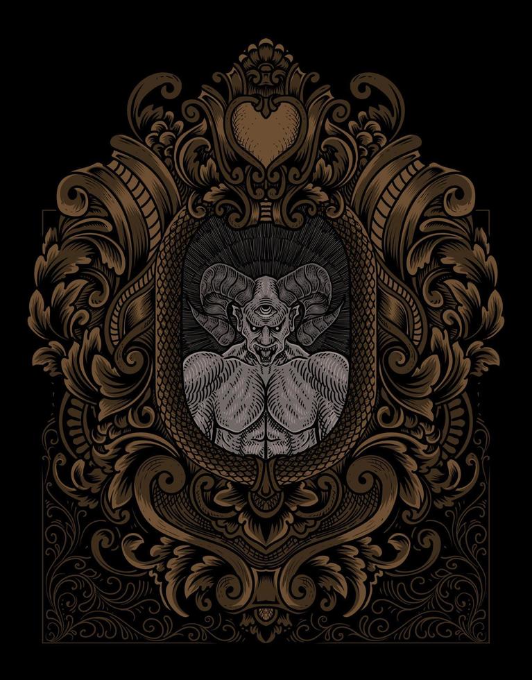 illustration scary demon with vintage engraving frame vector