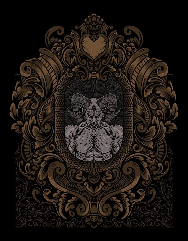 illustration scary demon with vintage engraving frame vector