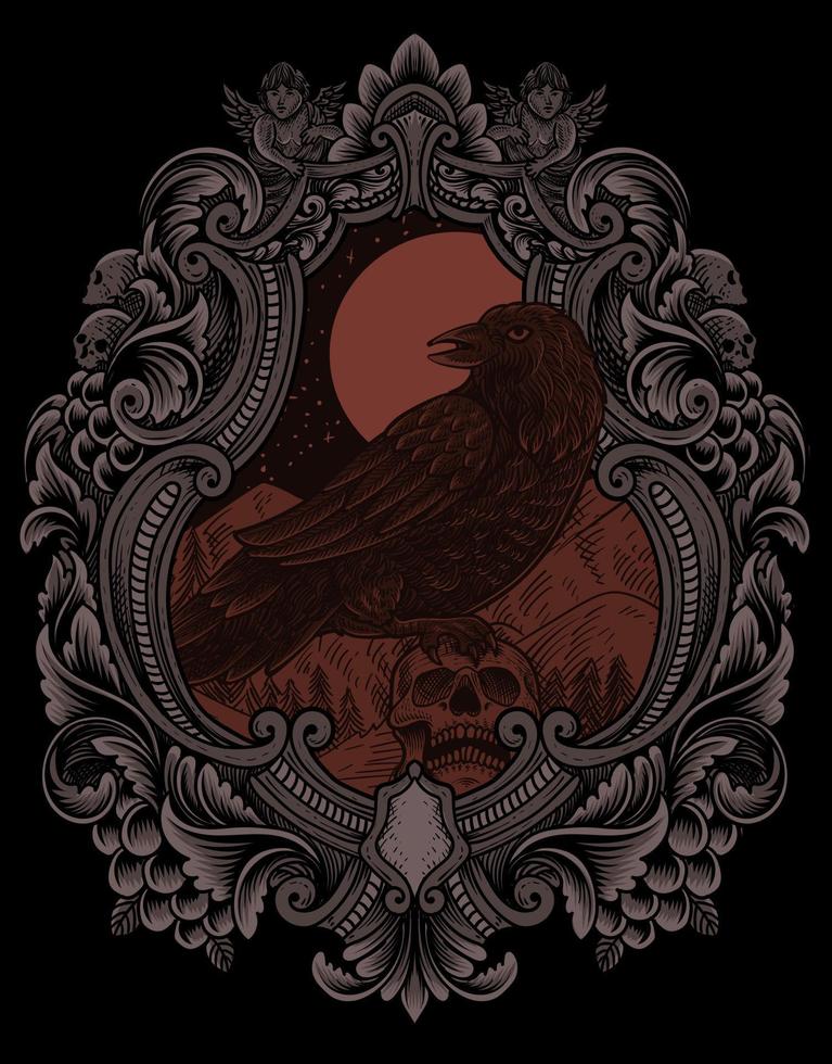 illustration vintage scary crow with engraving style vector