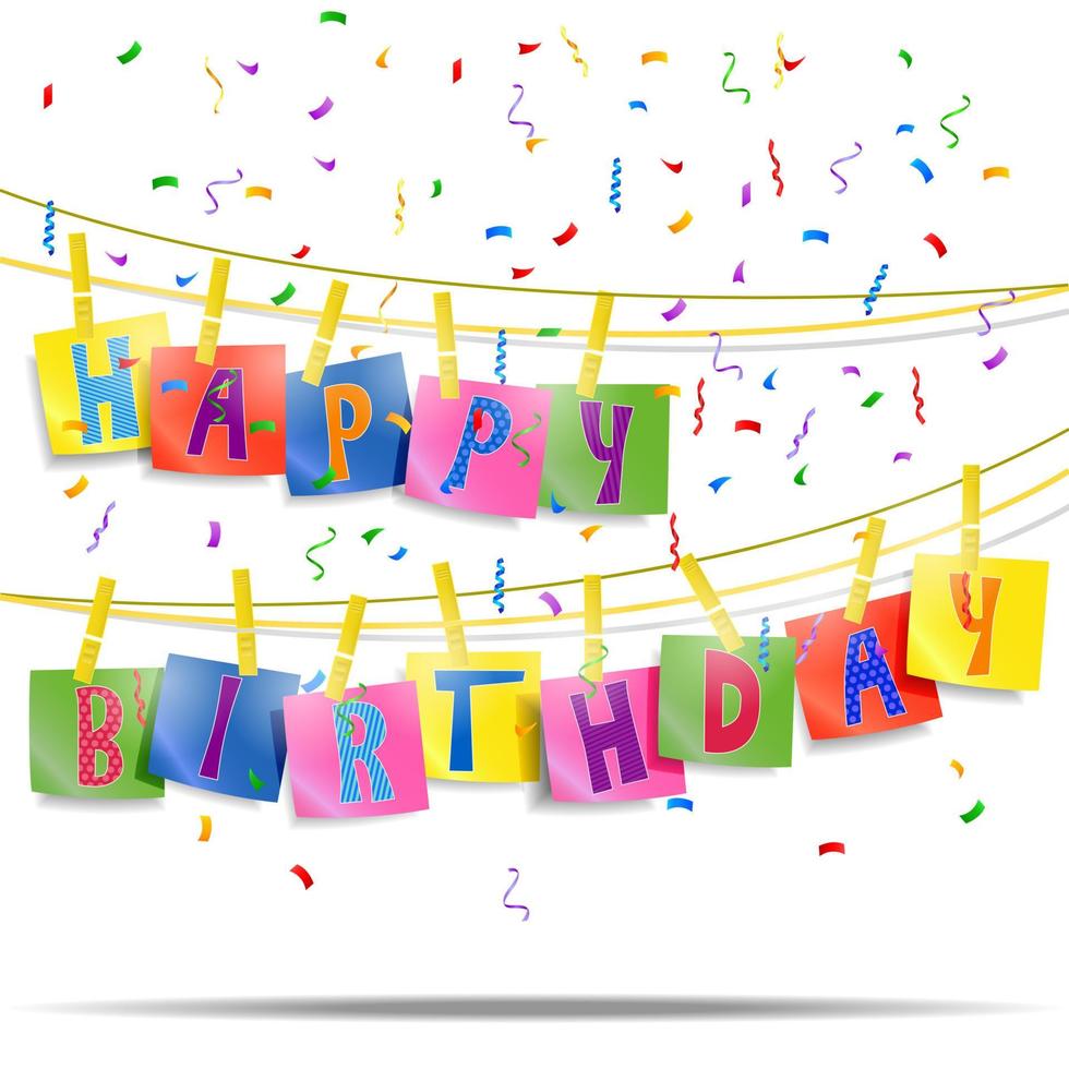 Birthday card with Clothespin and colorful letters hang on rope vector