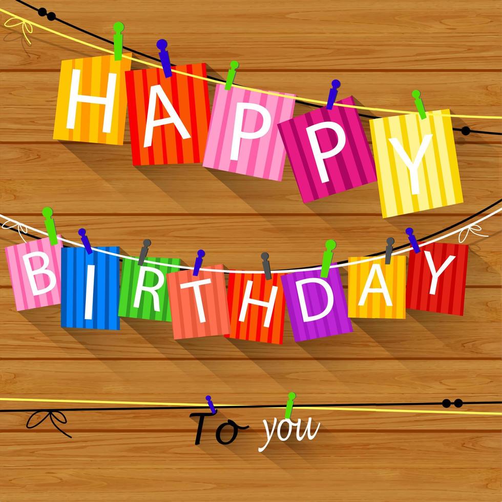 Birthday card with Clothespin and colorful letters hang on rope vector