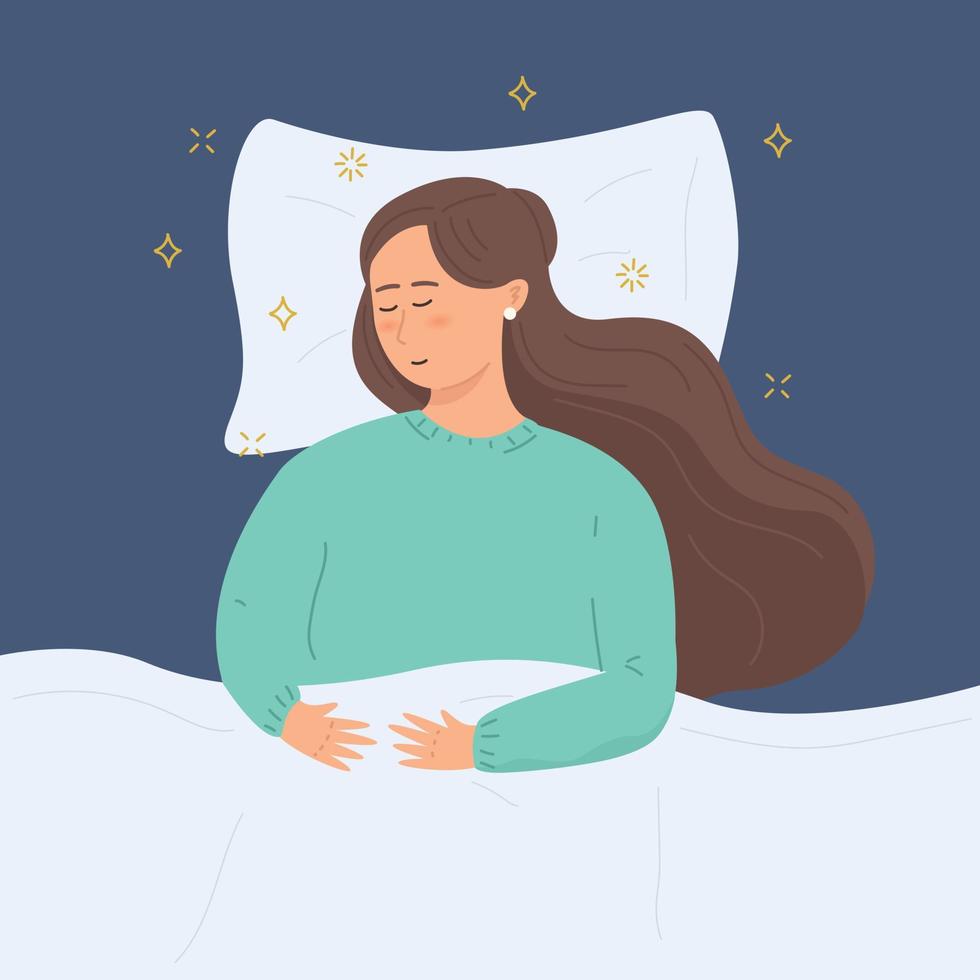 mujer joven durmiendo cómodamente. sueño saludable. estilo de vida saludable. vector