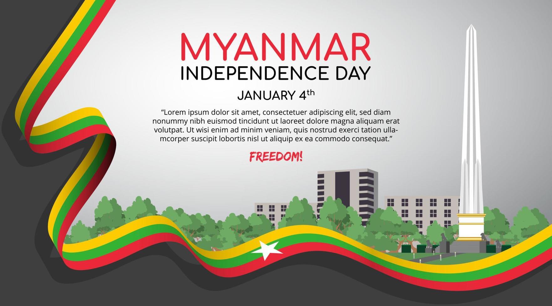 Myanmar independence day background with independence monument and ribbon flag vector