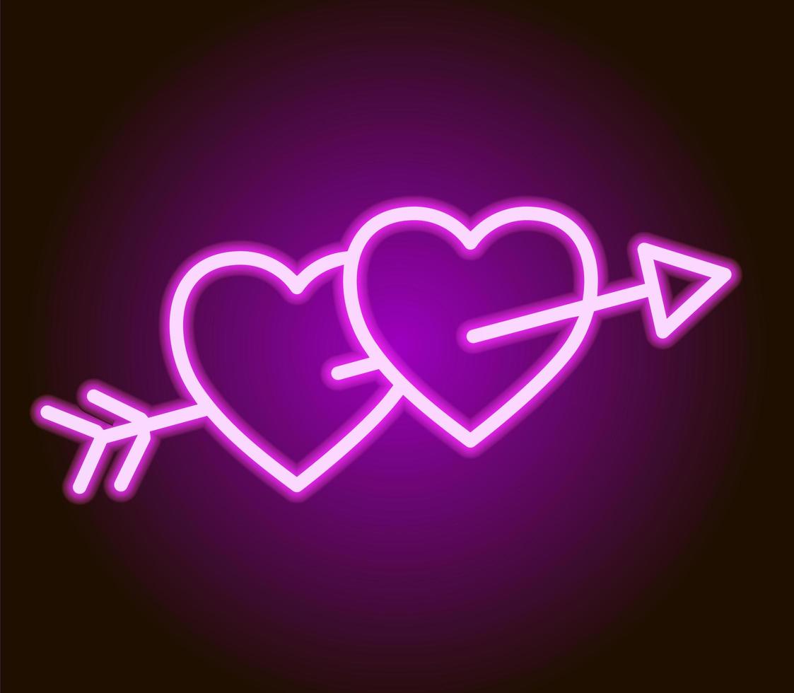 Arrow through two hearts. Valentines day icon. Neon sign vector