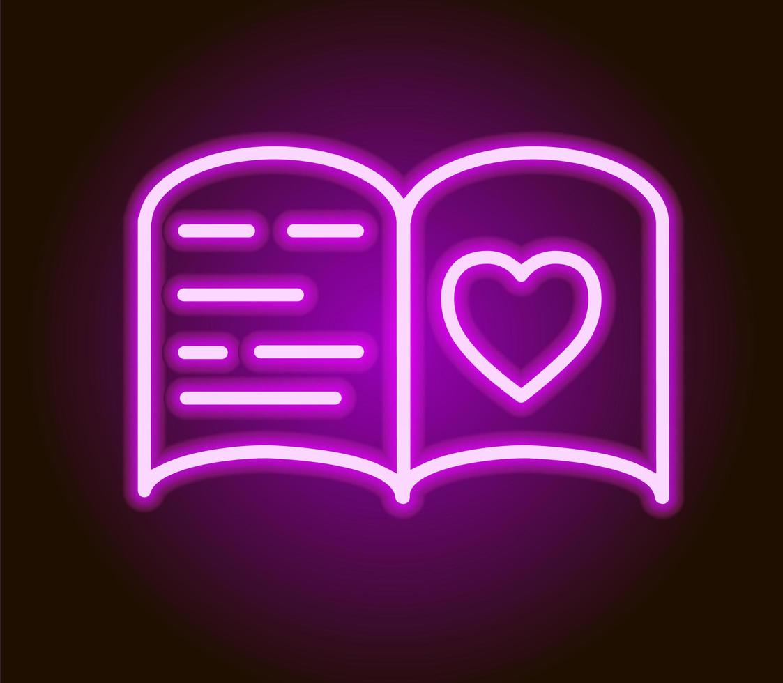 Neon notebook with heart on pages. Valentines day icon. Vector illustration