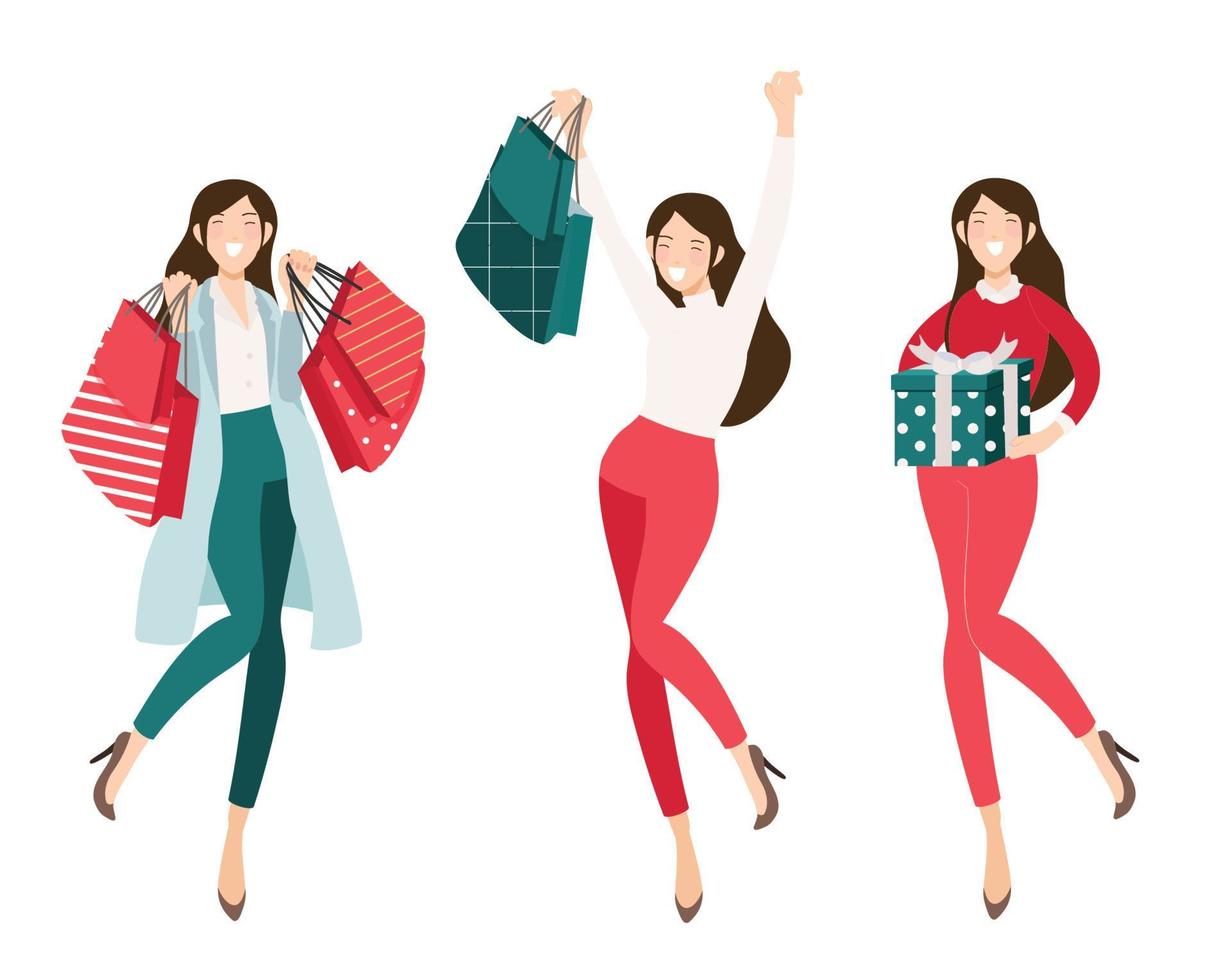 Happy shopaholic girl shopping for christmas collection vector