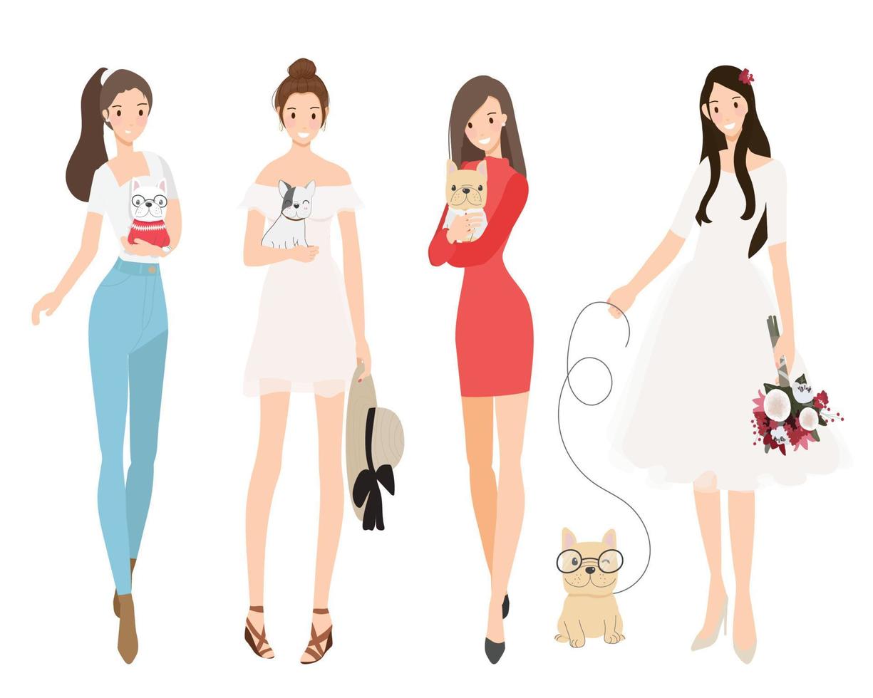 hermosas mujeres con colección de personajes de cachorro de bulldog francés vector