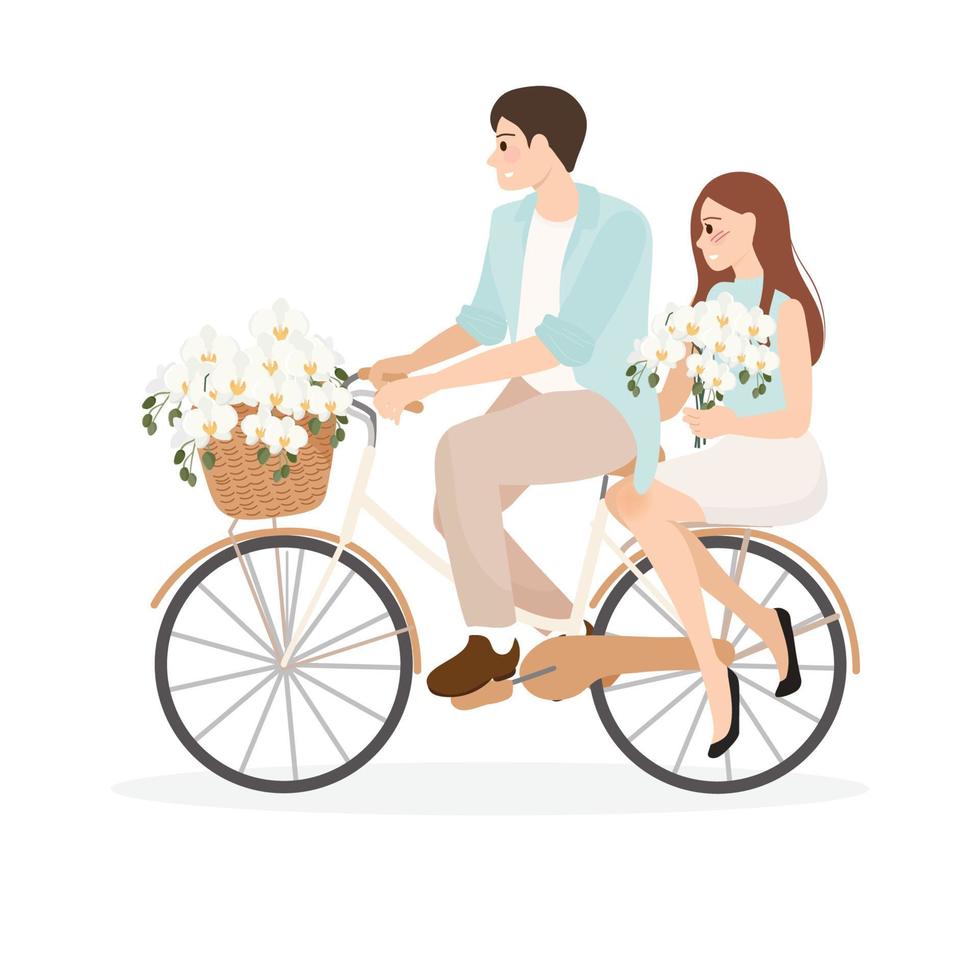 Linda pareja joven montando bicicleta con ramo de orquídeas Phalaenopsis para el día de San Valentín o invitación de boda vector