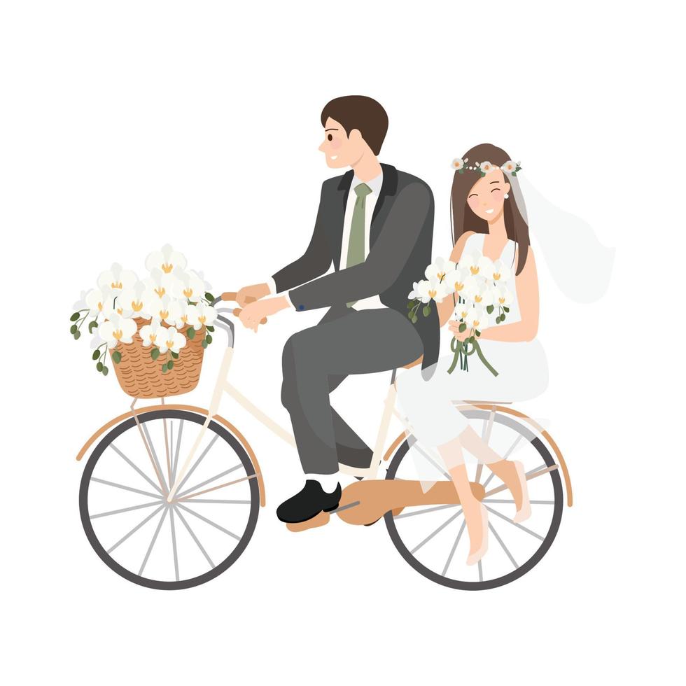 Hermosa joven pareja de novios recién casados andar en bicicleta aislado sobre fondo blanco. vector