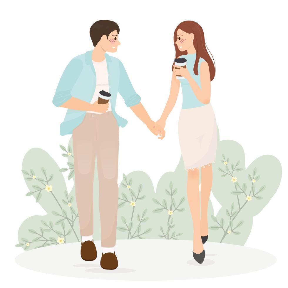 cute young couple hold hand walk together on first date for wedding or valentines day vector