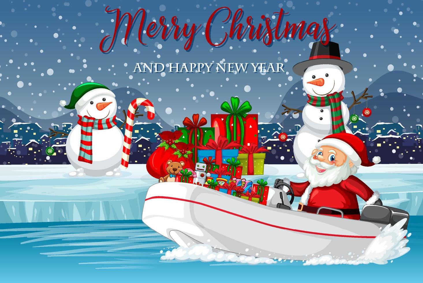 Merry Christmas poster with Santa delivering gifts by speedboat vector
