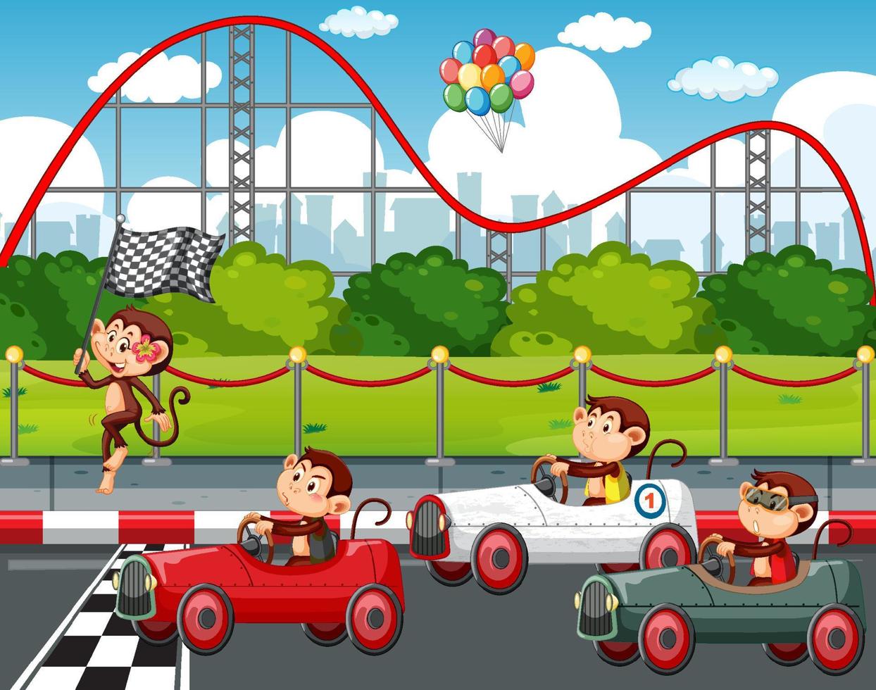 Race track scene with monkey racing drivers vector