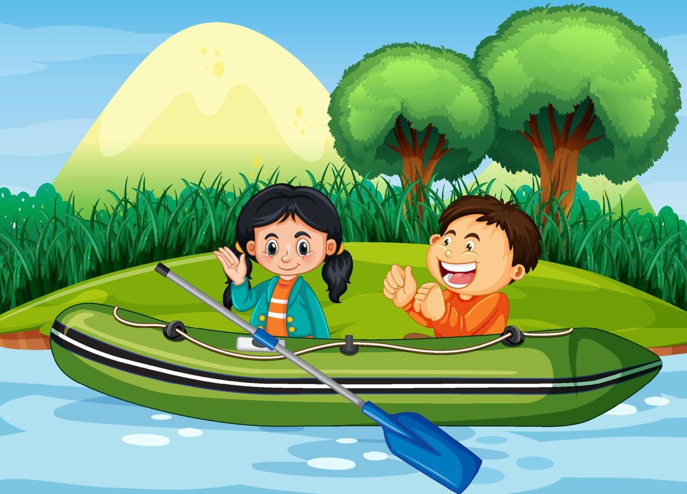 Nature scenery with children in inflatable boat vector