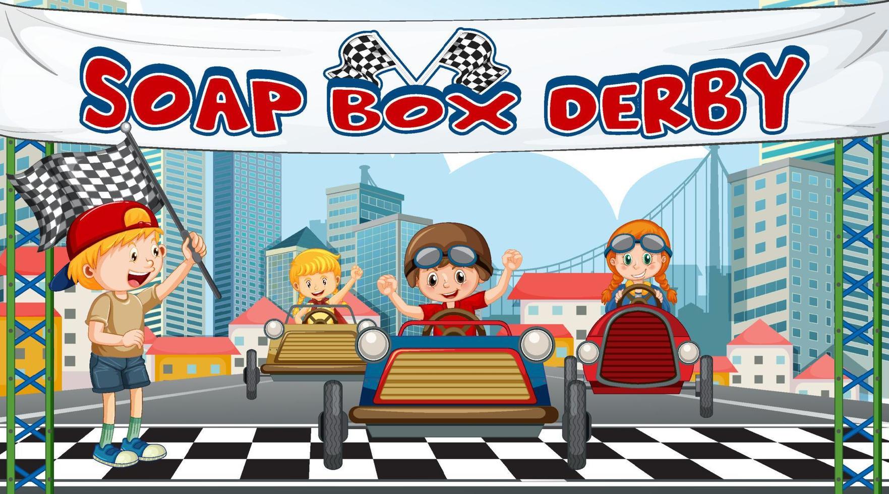 Escena de derby de caja de jabón con coche de carreras para niños. vector