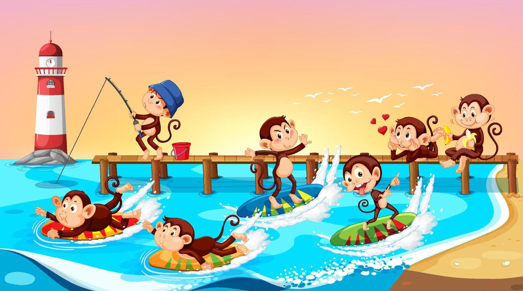Escena de playa con monos realizando diferentes actividades. vector
