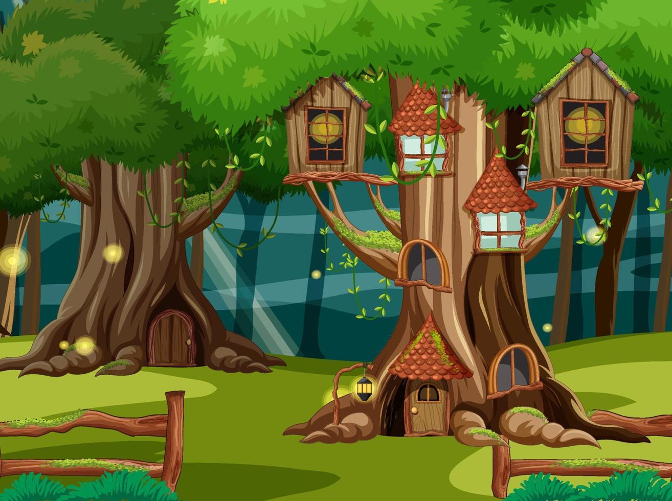 Escena de bosque de fantasía con casas en los árboles. vector