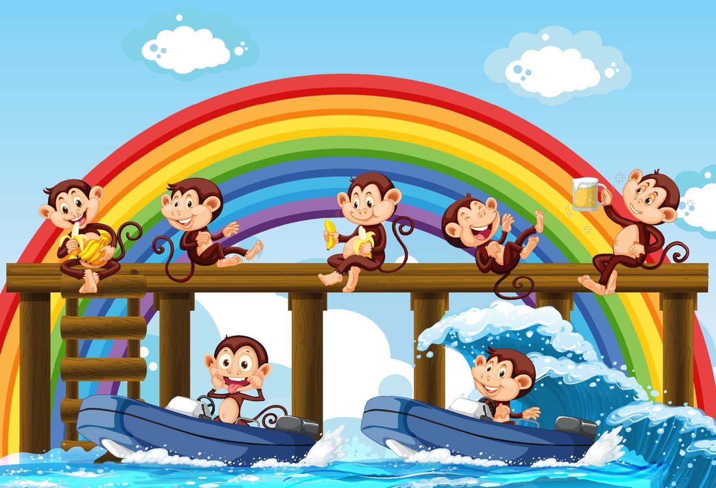 Wooden pier with many monkeys doing different activities vector