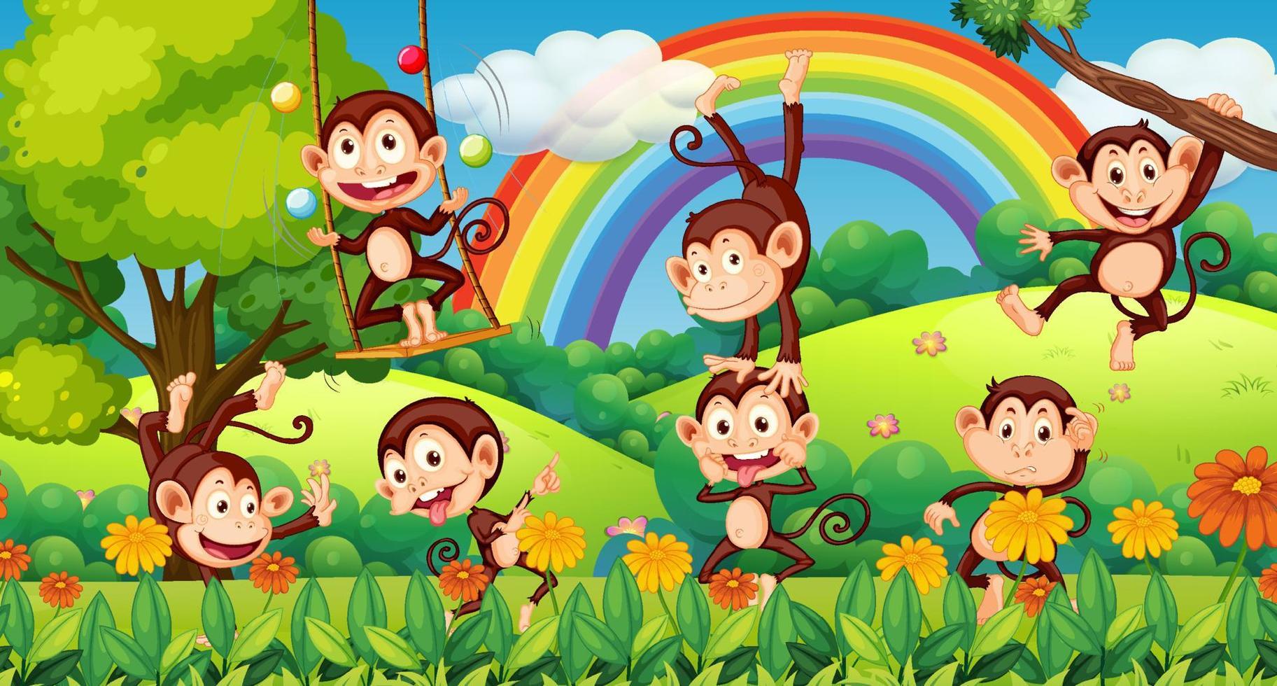 Outdoor park with little monkeys doing different activities vector