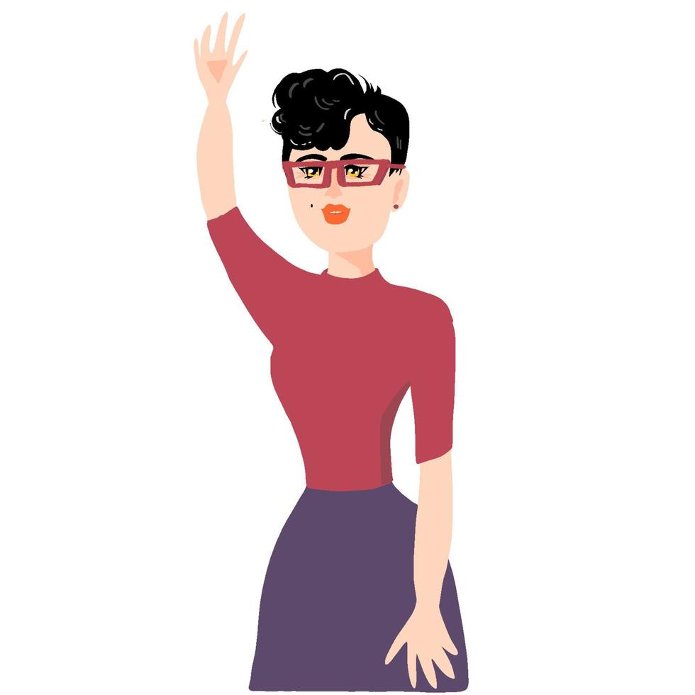 Young woman with right hand up. Female character. Short hairs. Glasses. Office style. Brunette. vector