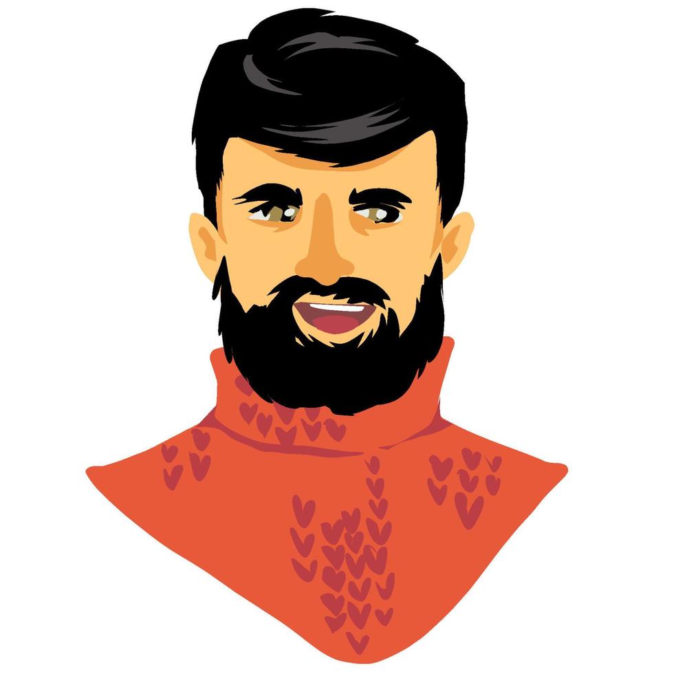 Personaje masculino adulto con barba que usa un suéter de punto de cuello alto. morena. cara sonriente. negro y rojo vector