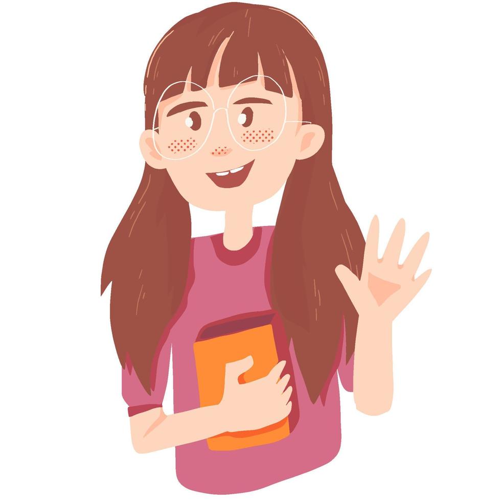 Little girl with eyeglasses. Waving hand. Long brunette pony tales. Holding book. Purple t-shirt. happy face. Blush cheeks. Cartoon character vector