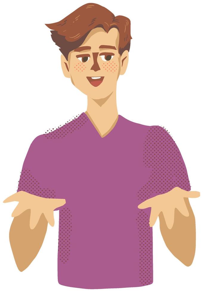 young teenage male character holding open hands in front of him. styled cartoon. Purple t-shirt. vector