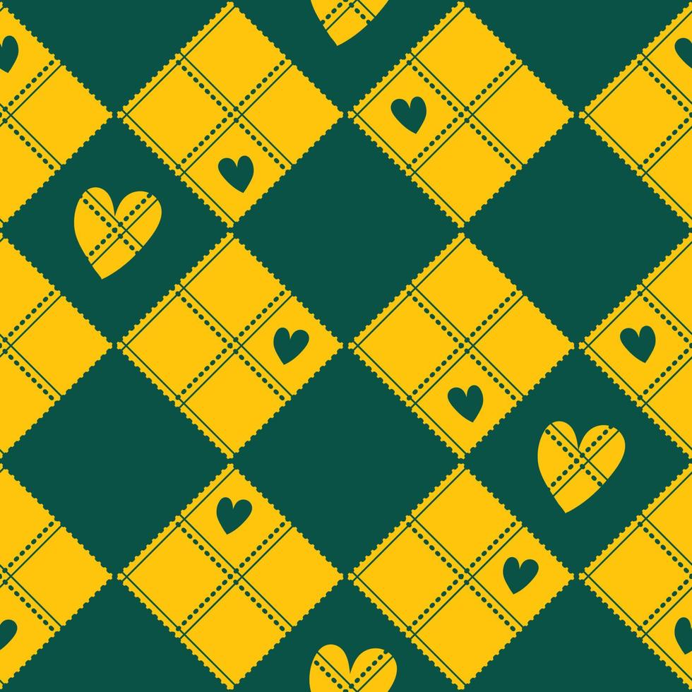tablero de ajedrez de diamantes corazón verde amarillo fondo de san valentín vector