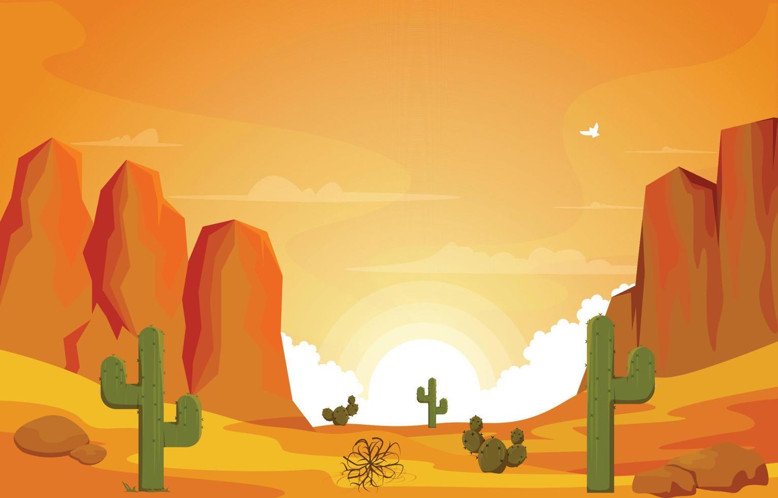 Sunrise Cliff Desert Country Cactus Travel Vector Flat Design Illustration