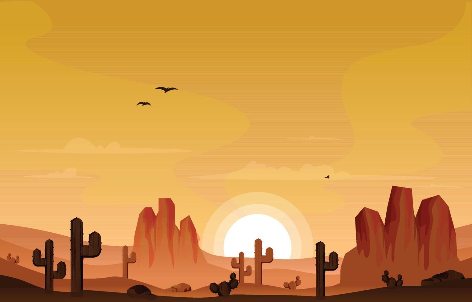 Sunrise Cliff Desert Country Cactus Travel Vector Flat Design Illustration