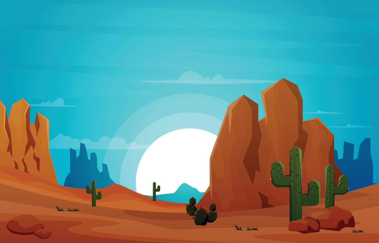 Sunrise Cliff Desert Country Cactus Travel Vector Flat Design Illustration