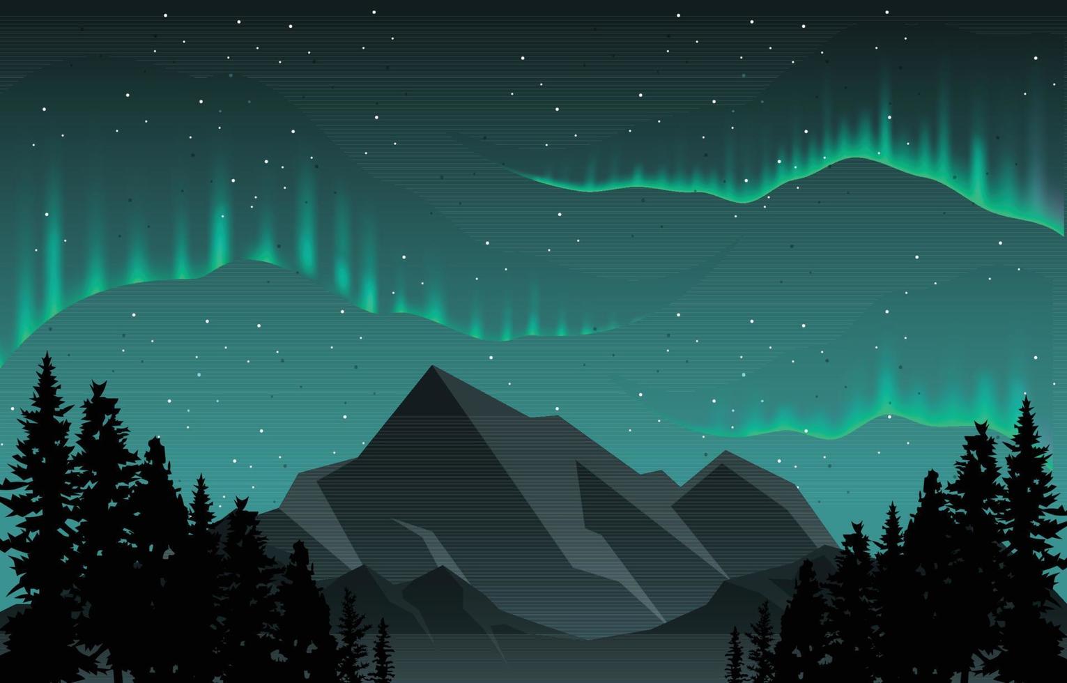Colorful Aurora Borealis Sky Light Pine Mountain Adventure Polar Landscape Illustration vector