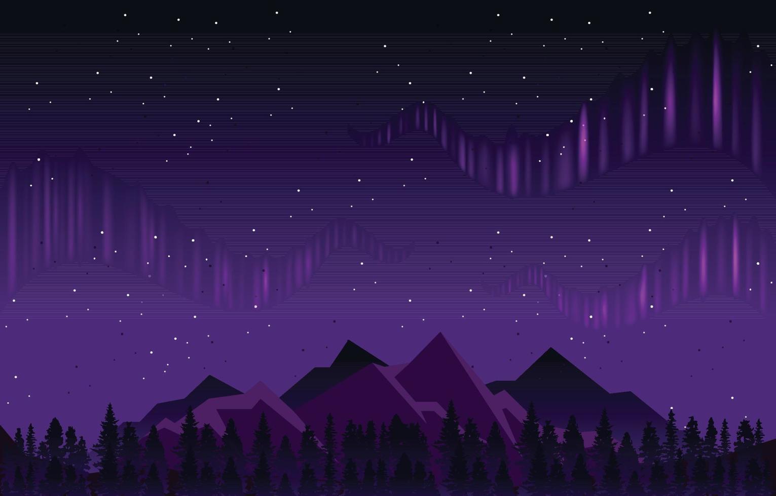 hermosa aurora boreal cielo luz pino montaña aventura paisaje polar ilustración vector