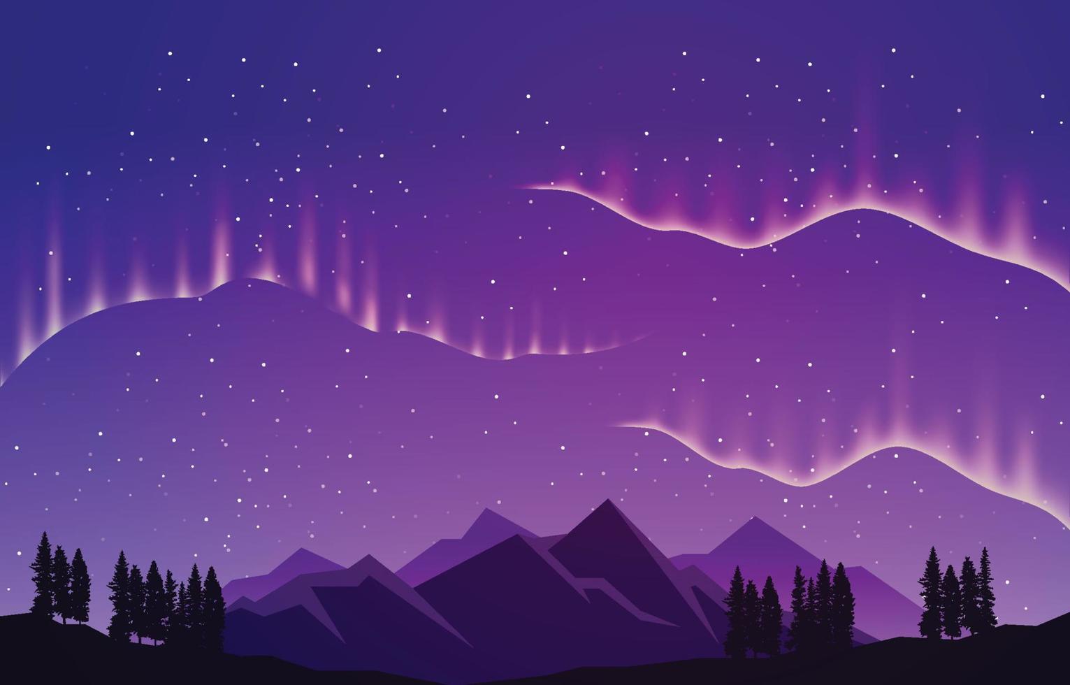 Colorful Aurora Borealis Sky Light Pine Mountain Adventure Polar Landscape Illustration vector