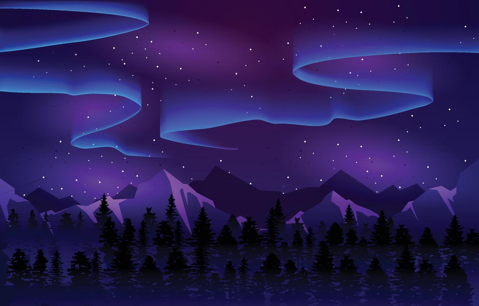 colorida aurora boreal cielo luz pino montaña aventura paisaje polar ilustración vector