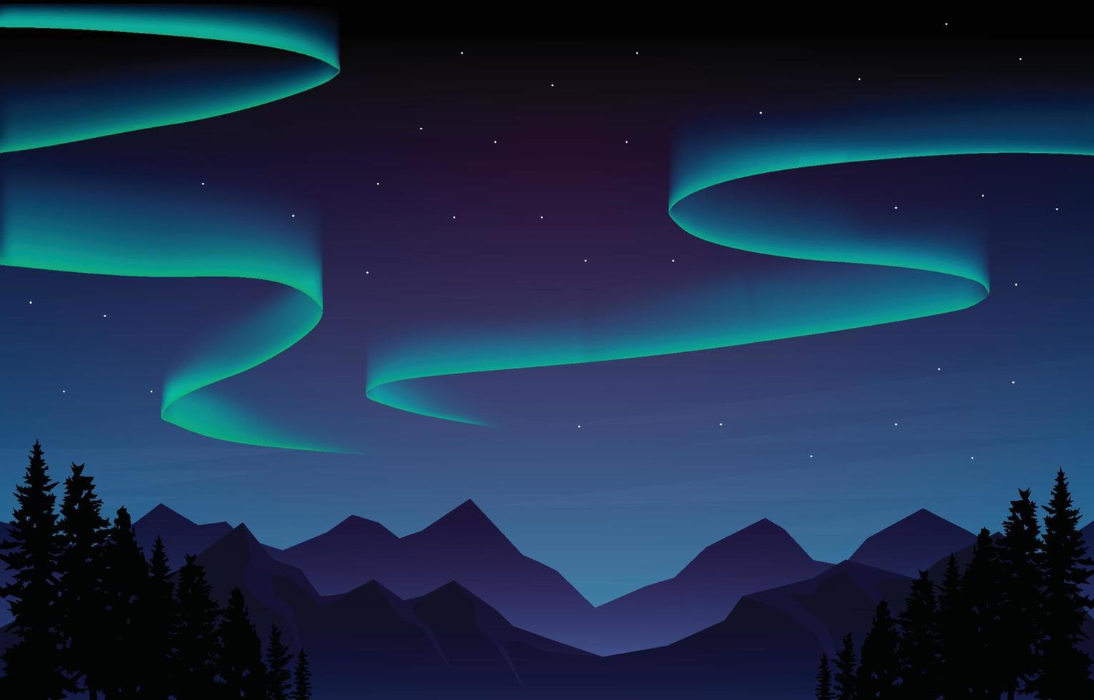 Colorful Aurora Borealis Sky Light Pine Mountain Adventure Polar Landscape Illustration vector