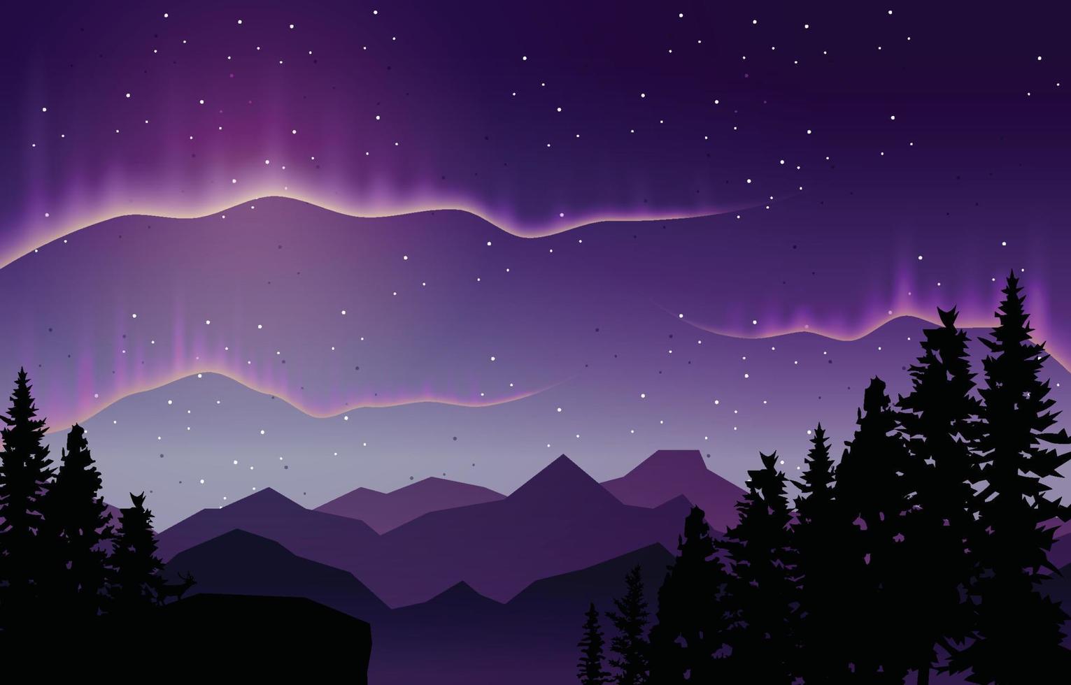 Beautiful Aurora Borealis Sky Light Pine Deer Mountain Polar Landscape Illustration vector